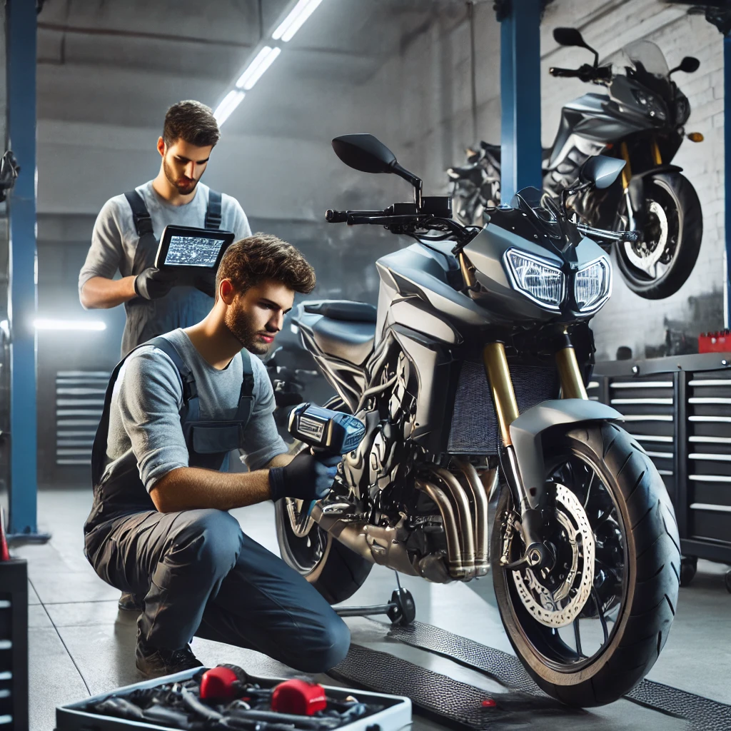 오토바이를 검사하고 있는 수리공