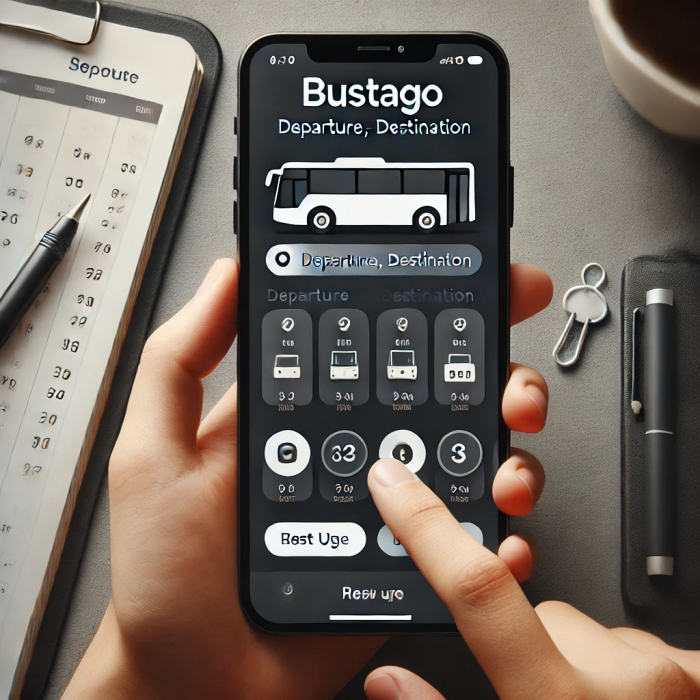 버스타고 앱에서 출발지와 도착지를 선택하고 버스 시간을 검색하는 화면.