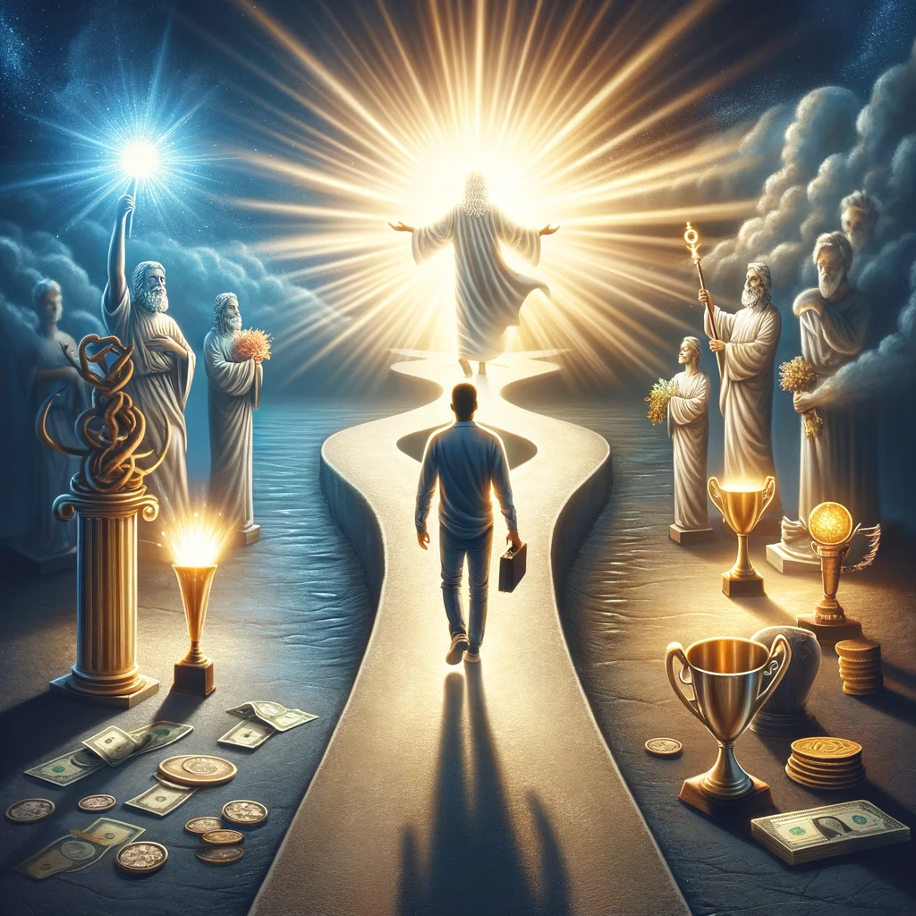 Here is the image depicting a life lived not for personal glory but for the glory of the Almighty God. The person is shown choosing the path leading towards God&#39;s light&#44; symbolizing a commitment to divine principles over self-interest.