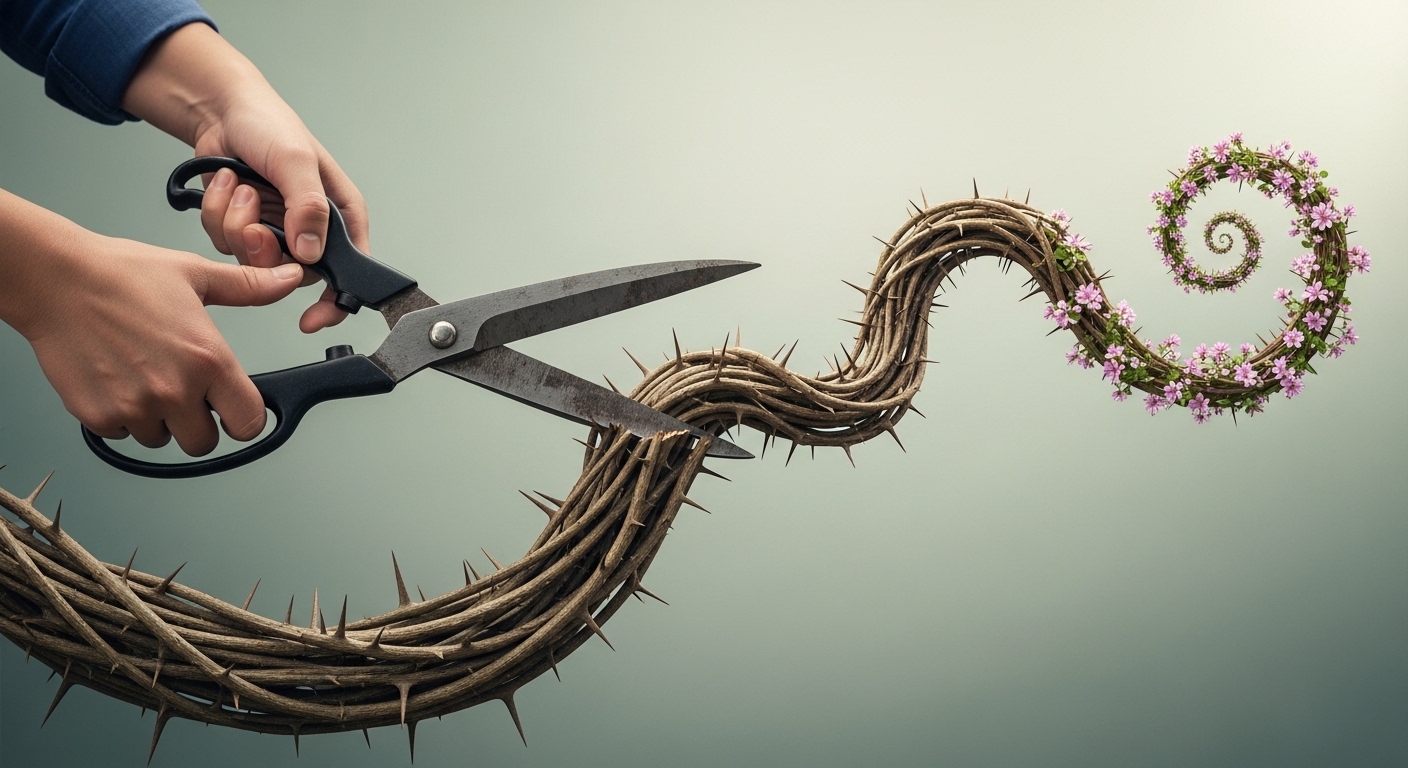 자신을 감싸던 가시덩굴을 큰 가위로 잘라내자 아름다운 꽃이 피어나는 모습. 부정적 패턴을 깨고 긍정적인 순환을 만드는 것을 상징하는 이미지.