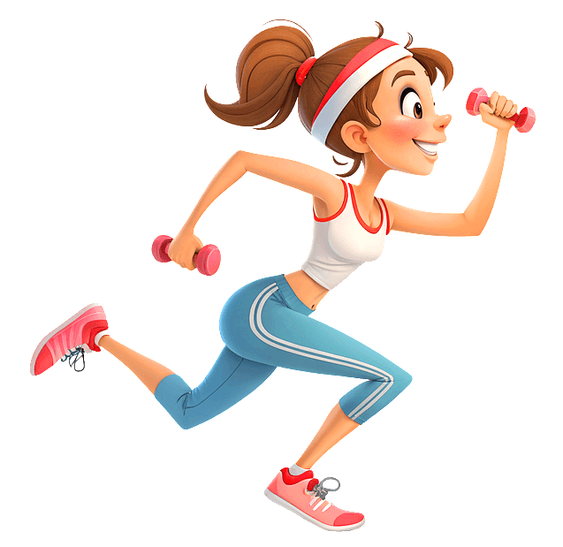 갈색머리를 하나로 묶은 젊은 여성이 하늘색 운동복을 입고 양손에 분홍색 아령을 든채 달리고 있다.