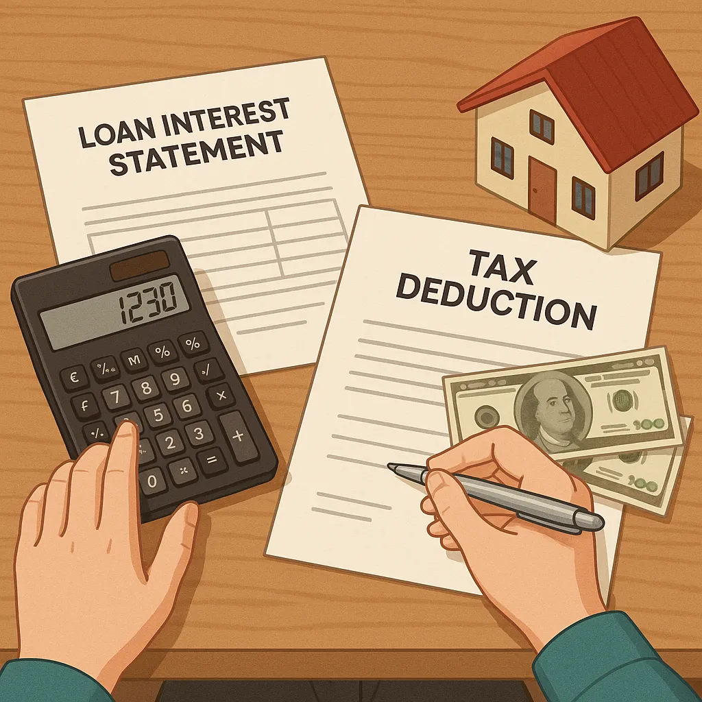 전세대출-이자-내역서와-세금공제-서류를-책상에-펴놓고-계산기를-두드리는-손과-작은-집-모형이-함께-배치된-장면으로,-전세대출-이자가-세금공제-대상이-될-수-있는지에-대한-개념을-직관적으로-표현한-이미지