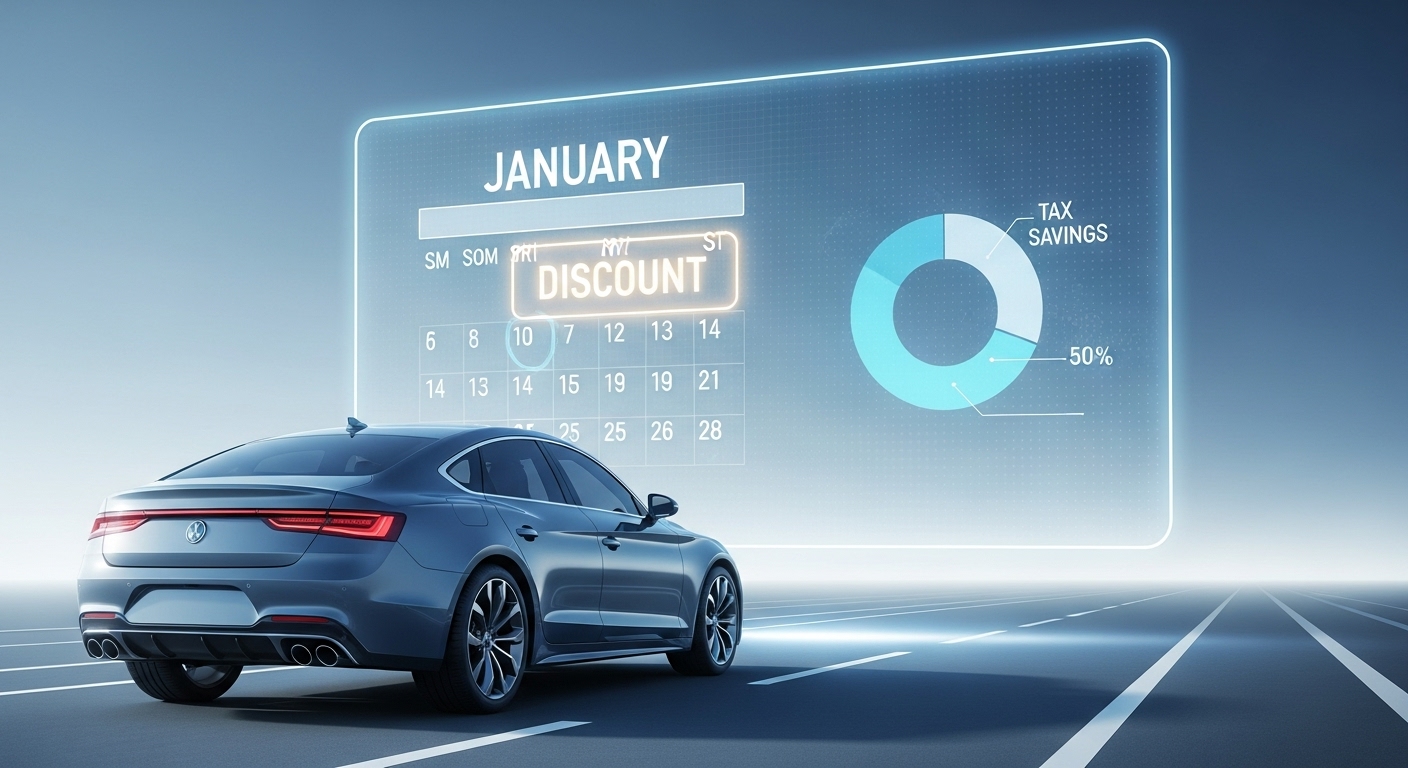 2025년 자동차세 연납 할인 혜택을 강조하는 이미지: 세련된 차량과 절약된 세금을 나타내는 디지털 화면, 편리함을 상징하는 달력.