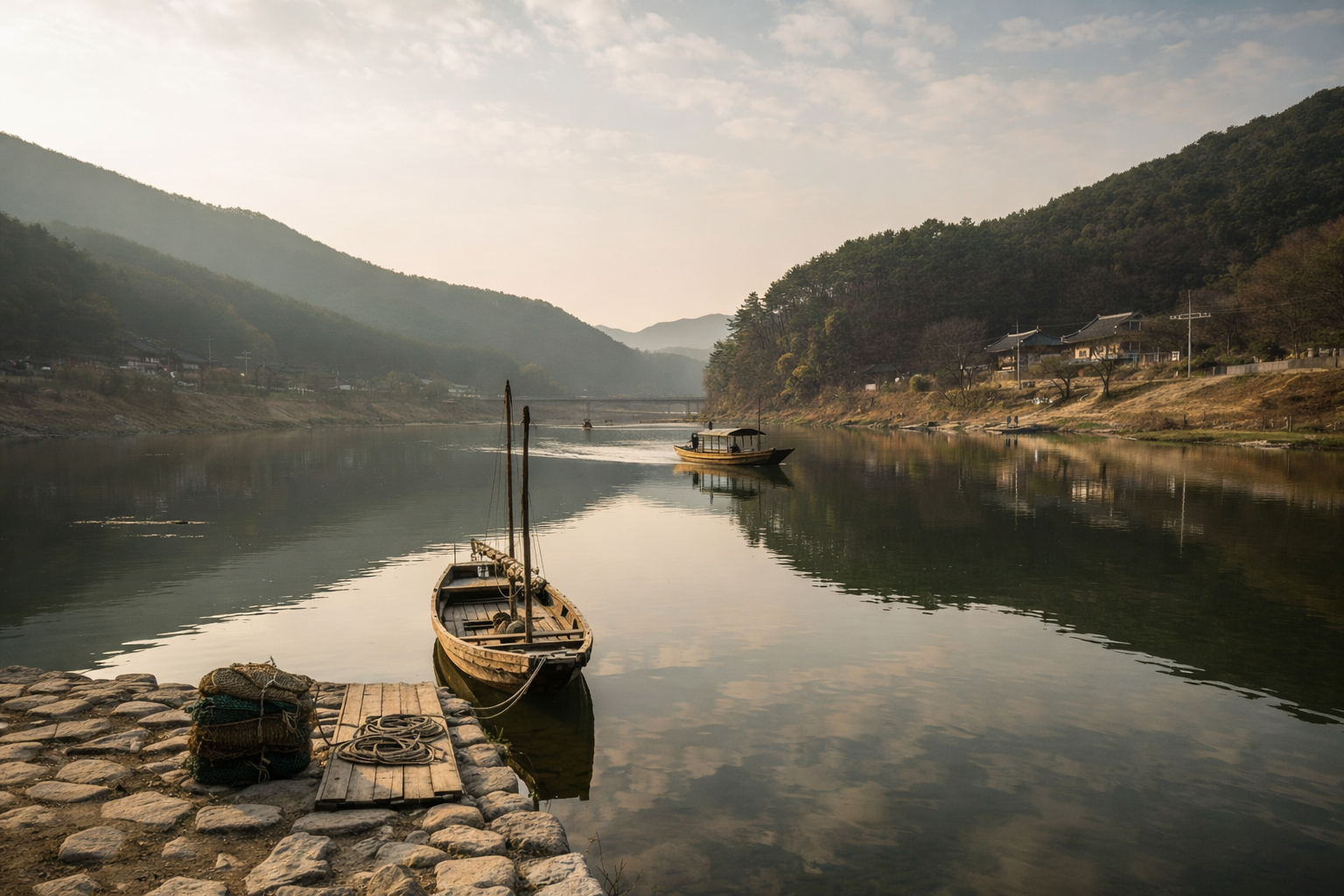 강가에 자리한 전통 나룻터와 나룻배의 모습, 조용한 물길 위의 생활 공간
