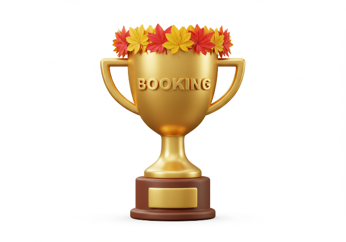 화담숲 예약 성공을 축하하는 트로피와 가을잎 왕관이 장식된 3D 아이콘