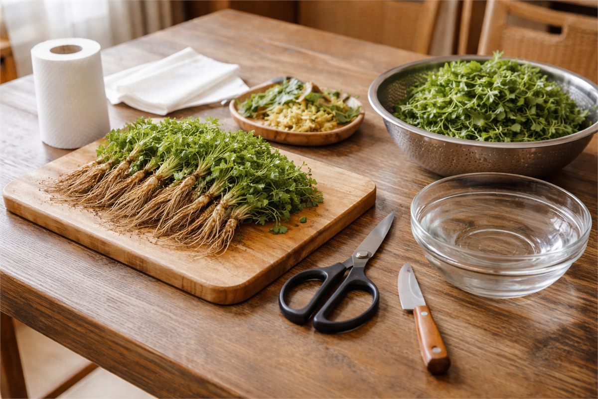 냉이 손질과 보관 준비가 된 주방 테이블 전경 