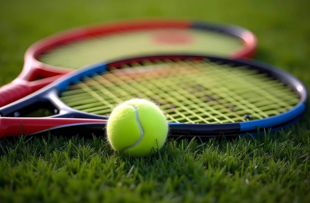 요넥스 라켓인 빨강 파랑 테니스 라켓 2개와 공 하나가 잔디위에 있는 사진
