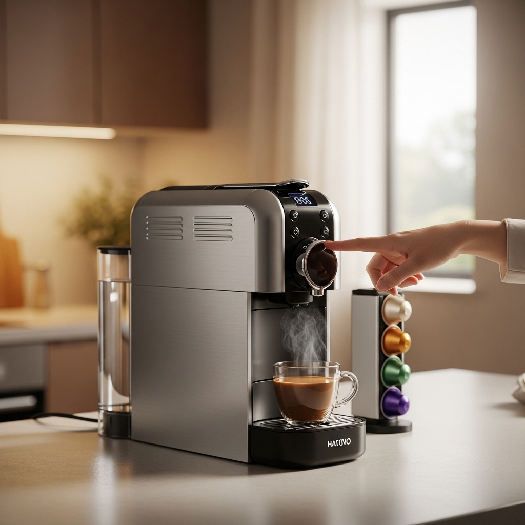 캡슐커피머신으로 커피를 내리고 있는 장면