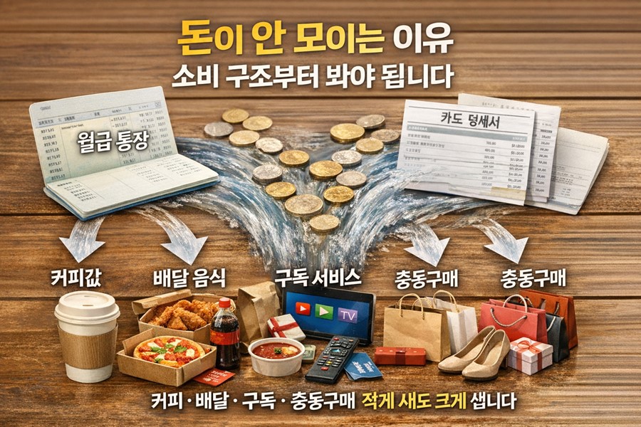 월급 통장과 카드 명세서에서 커피와 배달, 구독, 충동구매 지출이 여러 갈래로 빠져나가며 돈이 모이지 않는 소비 구조를 보여주는 이미지