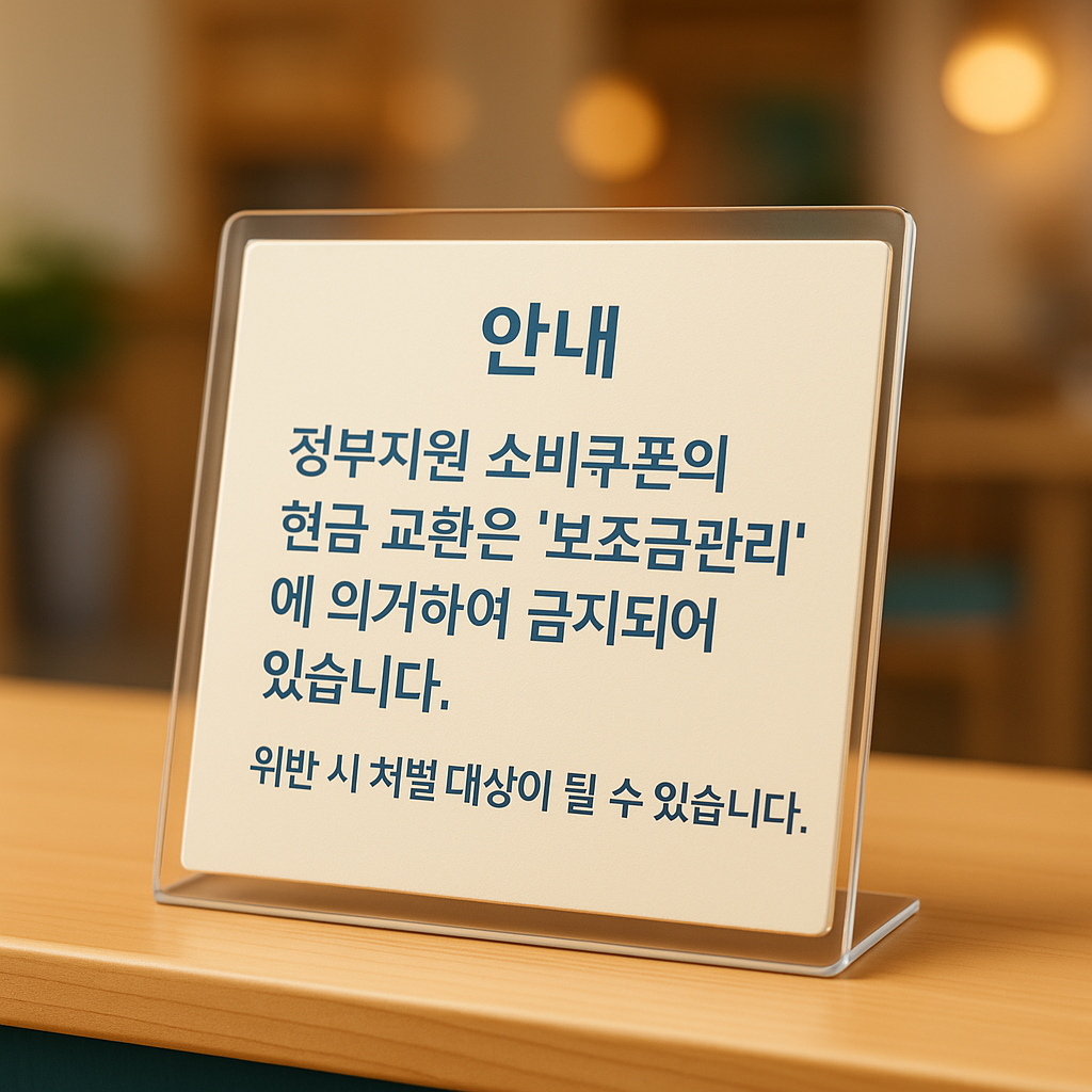 카운터에 부착된 '소비쿠폰 현금 교환은 불법입니다' 안내문