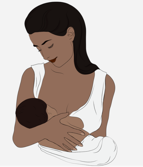 모유 수유하는 엄마와 신생아 일러스트, 아기를 안고 수유하는 장면, 출산 후 모성애 표현 이미지
