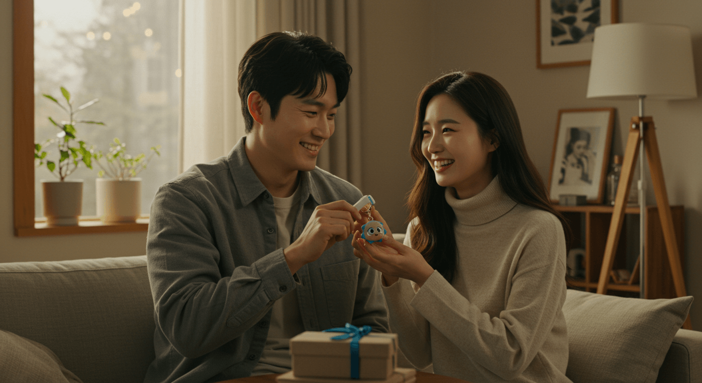 커플이 크라이베이비 키링을 주고받으며 따뜻하게 미소 짓는 장면 1