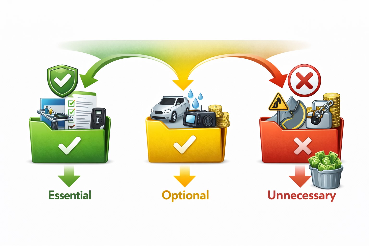 자동차 보험 특약을 필수와 선택, 불필요로 분류하는 흐름을 아이콘과 화살표로 표현한 텍스트 없는 다이어그램