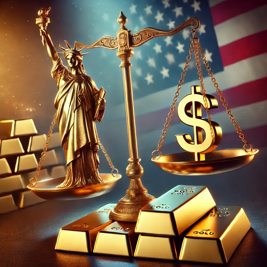 미국을 대표하는 상징과 금을 저울에 올려놓은 현실적인 이미지