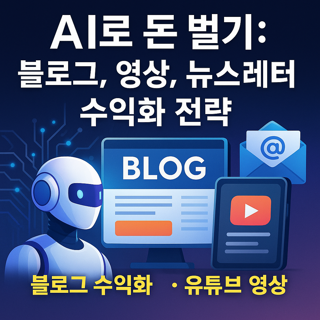 AI로 돈버는 현실적인 방법 블로그, 영상, 뉴스레터, 수익화 전략 텍스트를 넣은 챗gpt와 인공지능의 이미지