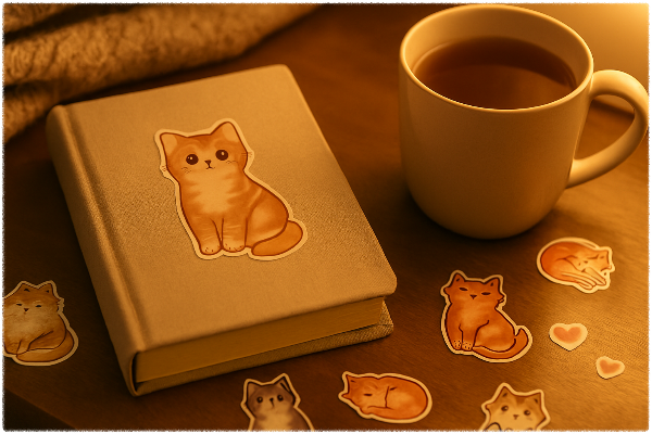 Cat-themed diary on a cozy table