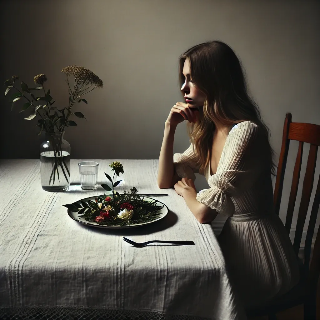 하얀 테이블보가 덮인 식탁에 혼자 앉아있는 여성, 접시에는 음식 대신 꽃과 잎사귀가 놓여 있다. 여성이 그 꽃 장식을 응시하며 깊은 생각에 잠긴 듯한 모습. 방은 어둡고 내면적인 분위기를 자아내고 있다.