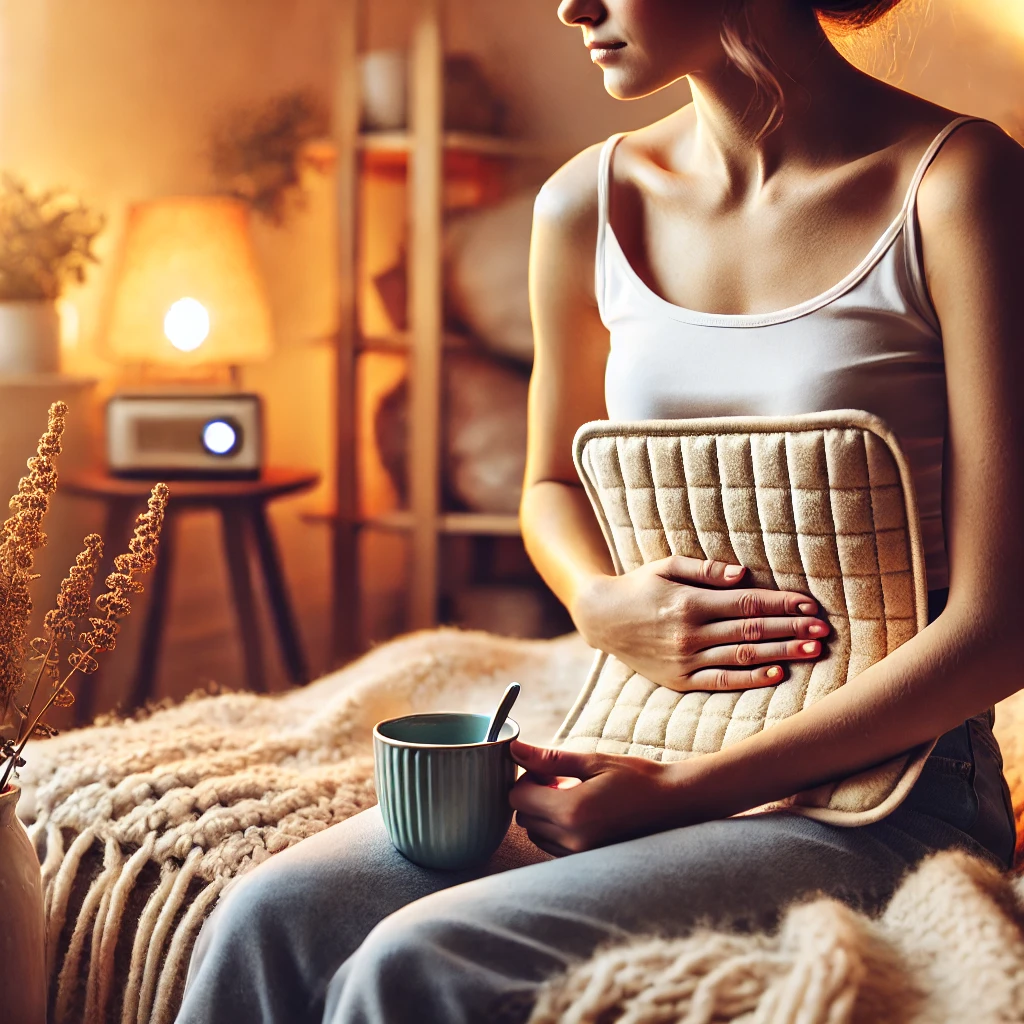 생리통에 찜질로 통증을 완화하는 사진