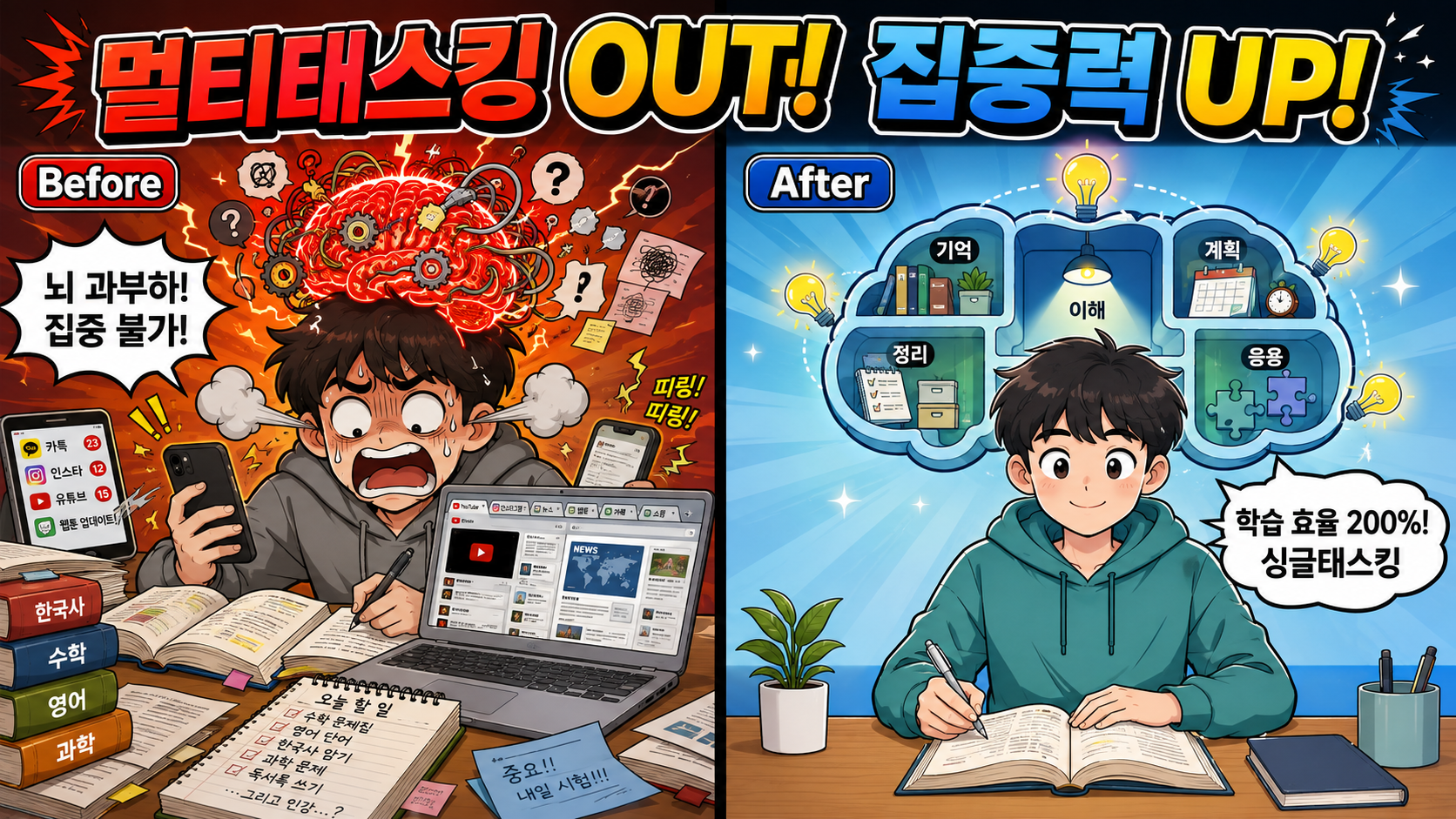 "멀티태스킹의 뇌 과부하와 싱글태스킹의 뇌 기능 활성화를 비교하는 뇌과학 인포그래픽"