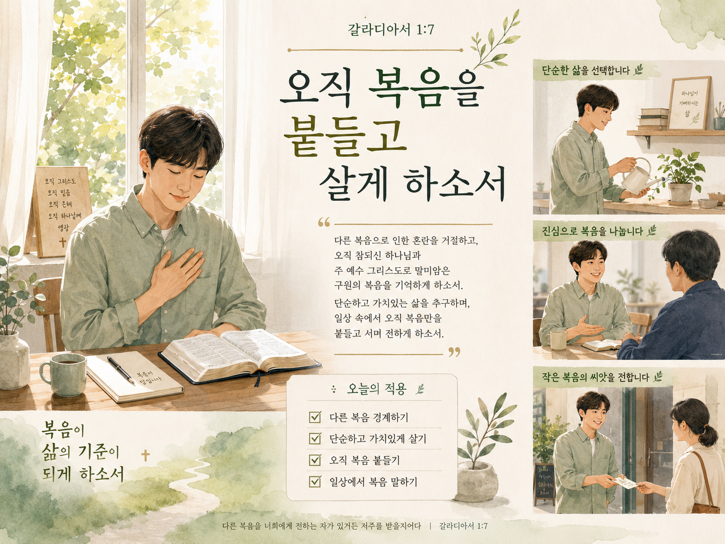 갈 1:7 말씀에서 또다른 복음에 대해 혼동하는 자들에 대해 말씀하고 있습니다만, 예수 그리스도를 통한 복음 즉, 오직 한 분이신 하나님과 주님을 통한 구속을 기억하며 단순하고 가치있는 생활을 추구하고, 바라며 일상에서 오직 복음을 주장하며 살아가는 시도를 하는 모습입니다.