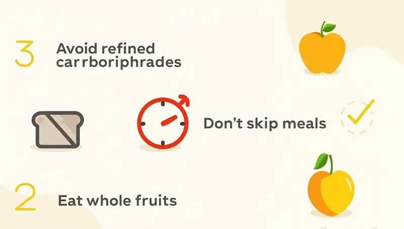 주의사항 체크리스트, 공복 주의, 정제 탄수화물 줄이기, 과일 통째로 등의 주의사항이 적힌 인포그래픽 이미지.