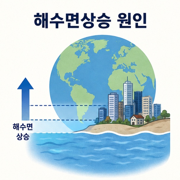 지구와 바다, 해안지역의 수면 상승을 이용해 해수면상승의 주요 원인을 소개하는 그림