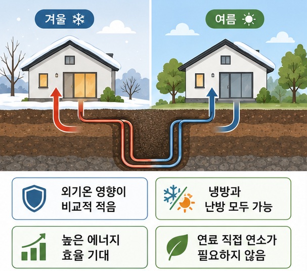 지열 히트펌프는 연중 비교적 일정한 지중온도를 이용해 외기온의 영향을 줄이고 하나의 시스템으로 냉방과 난방을 할 수 있다는 장점을 보여 주는 그림