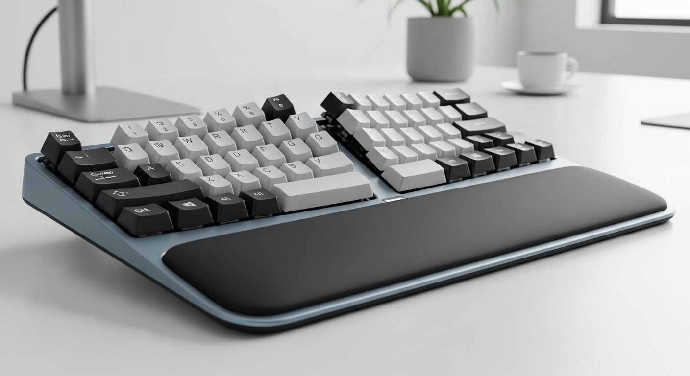 손목을 편안하게 지지하는 분리형 인체공학 키보드의 상세 모습.