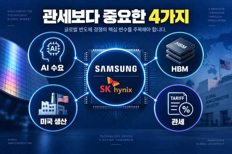삼성전자 SK하이닉스 대미투자에서 AI 수요 HBM 미국 생산 관세가 미치는 영향을 정리한 이미지