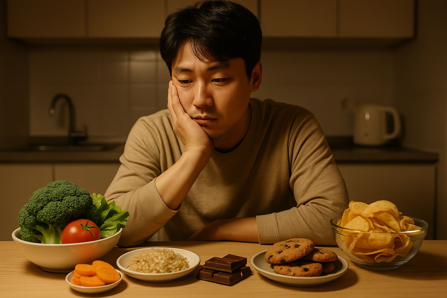 정서적 허기와 신체적 허기 사이에서 고민하는 사람이 야식 선택을 앞두고 생각에 잠겨 있는 모습