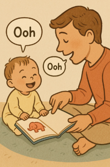 부모와 함께 책을 보며 첫 말을 시도하는 12개월 아기