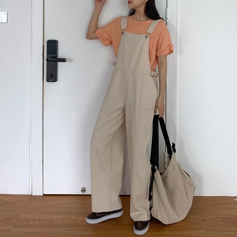 여자 통 일자 베이지 멜빵바지