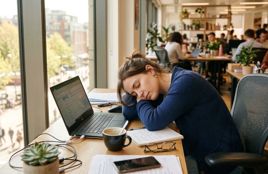 따뜻한 봄날 춘곤증과 식곤증으로 인해 사무실 책상에서 피곤해하며 졸고 있는 직장인