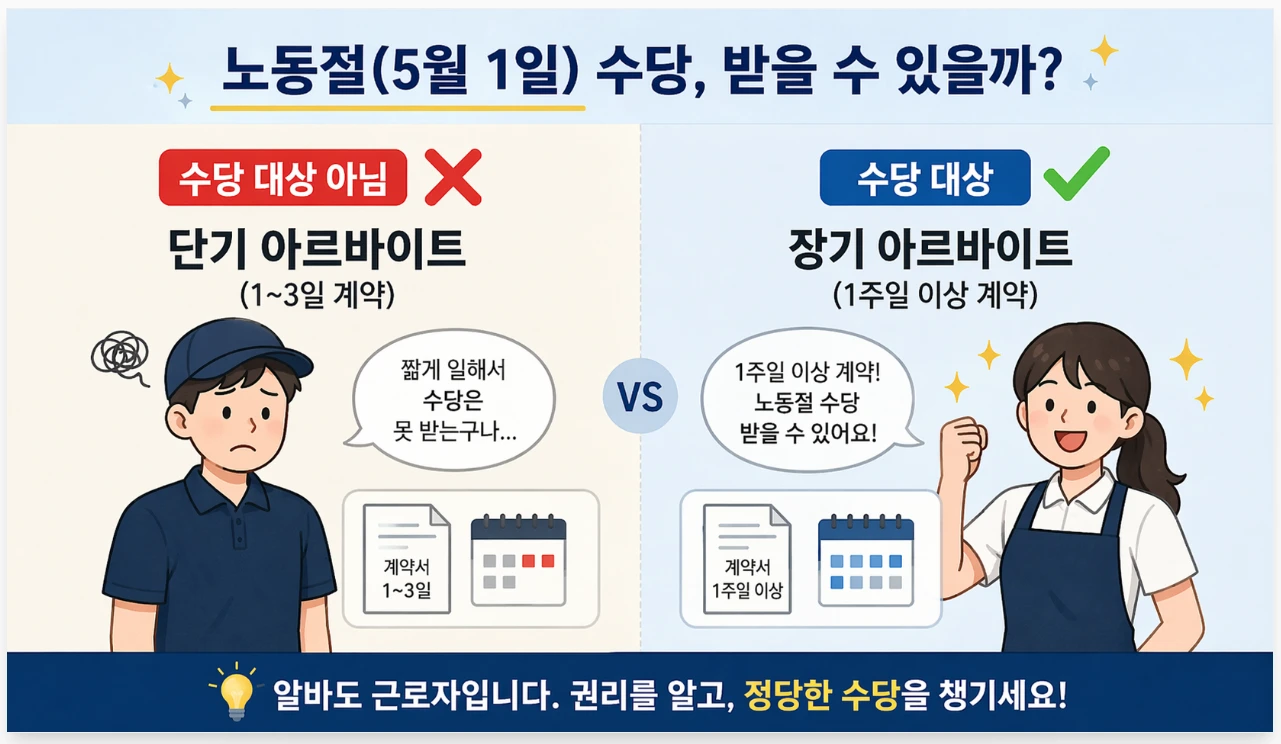 노동절 수당 지급 여부를 비교하는 이미지: 1~3일 단기 알바는 수당 대상에서 제외되고, 1주일 이상 계약한 장기 알바는 수당을 받는 모습을 대비하여 보여줌.