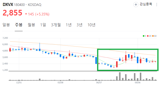 비만치료제-관련주-DXVX-주봉-차트-이미지