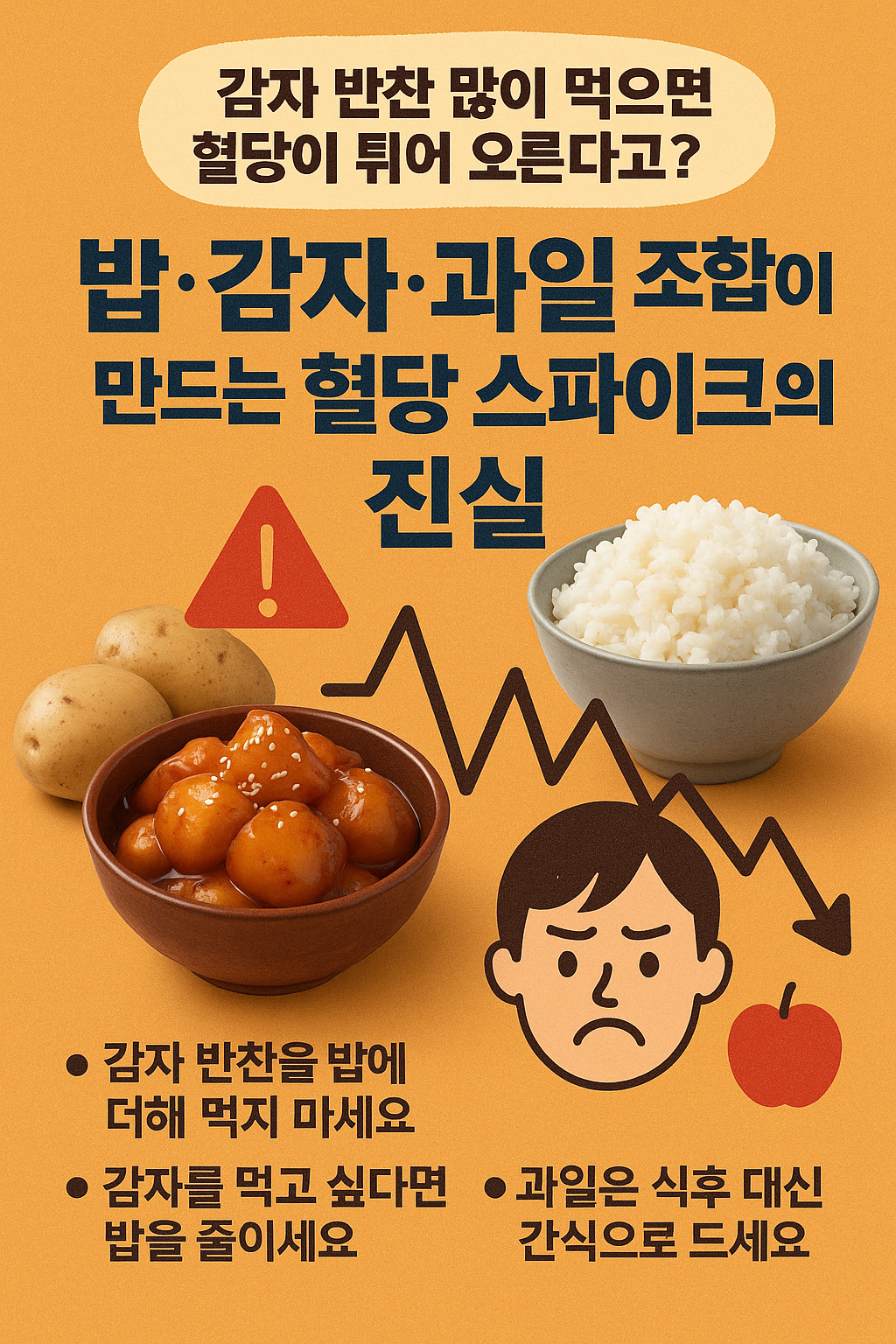 “감자 반찬과 밥의 탄수화물 과다 섭취를 경고하는 건강 정보형 썸네일 이미지”