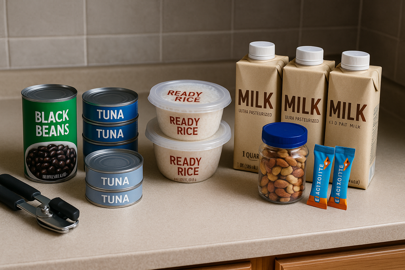 즉석밥, 통조림 콩·참치, UHT 멸균우유, 견과, 전해질 파우더, 수동 깡통따개가 주방 상판에 정리된 사진