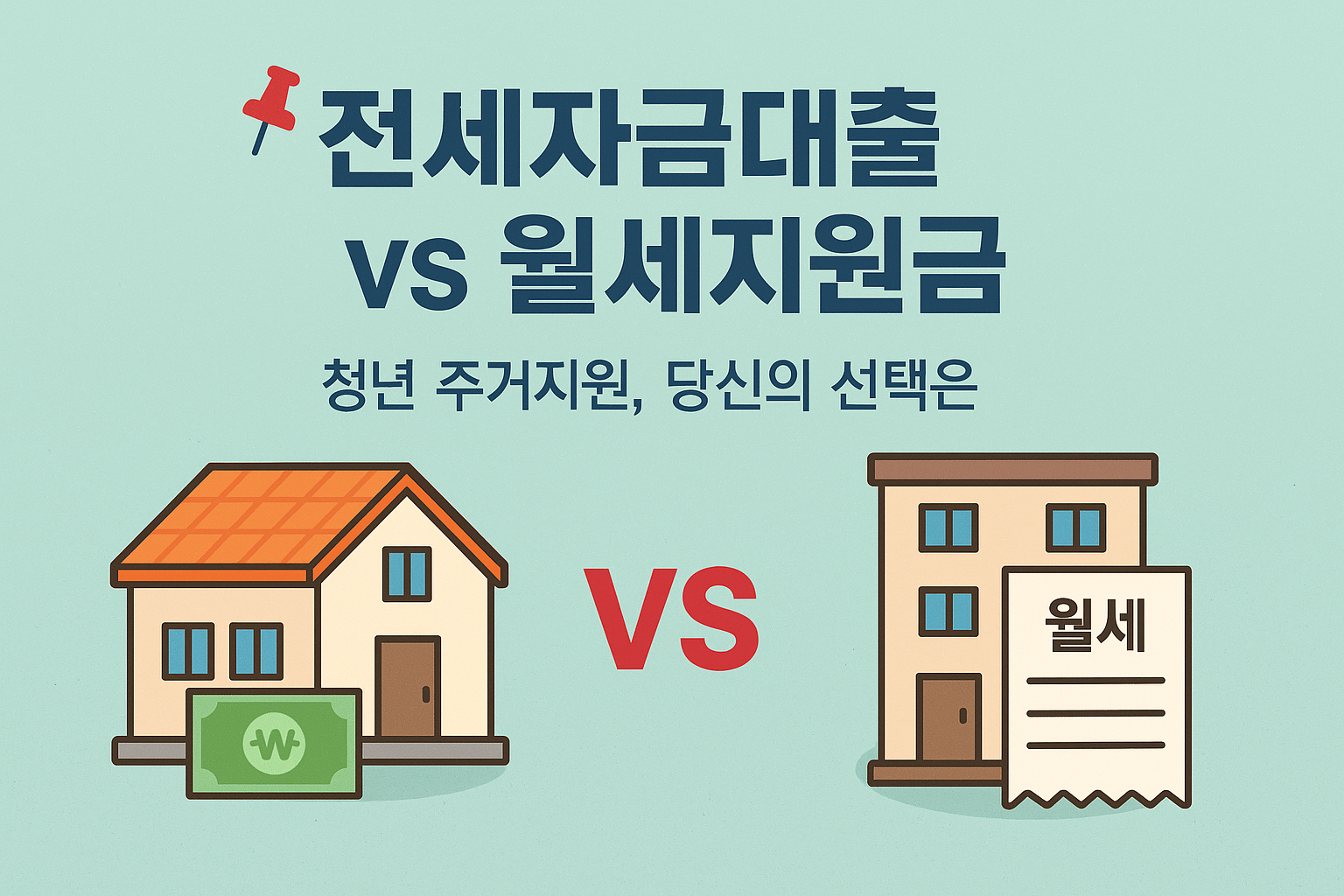 전세자금대출과 월세지원금 제도를 비교한 인포그래픽 이미지. 주거 선택을 고민하는 청년을 위한 시각 자료.