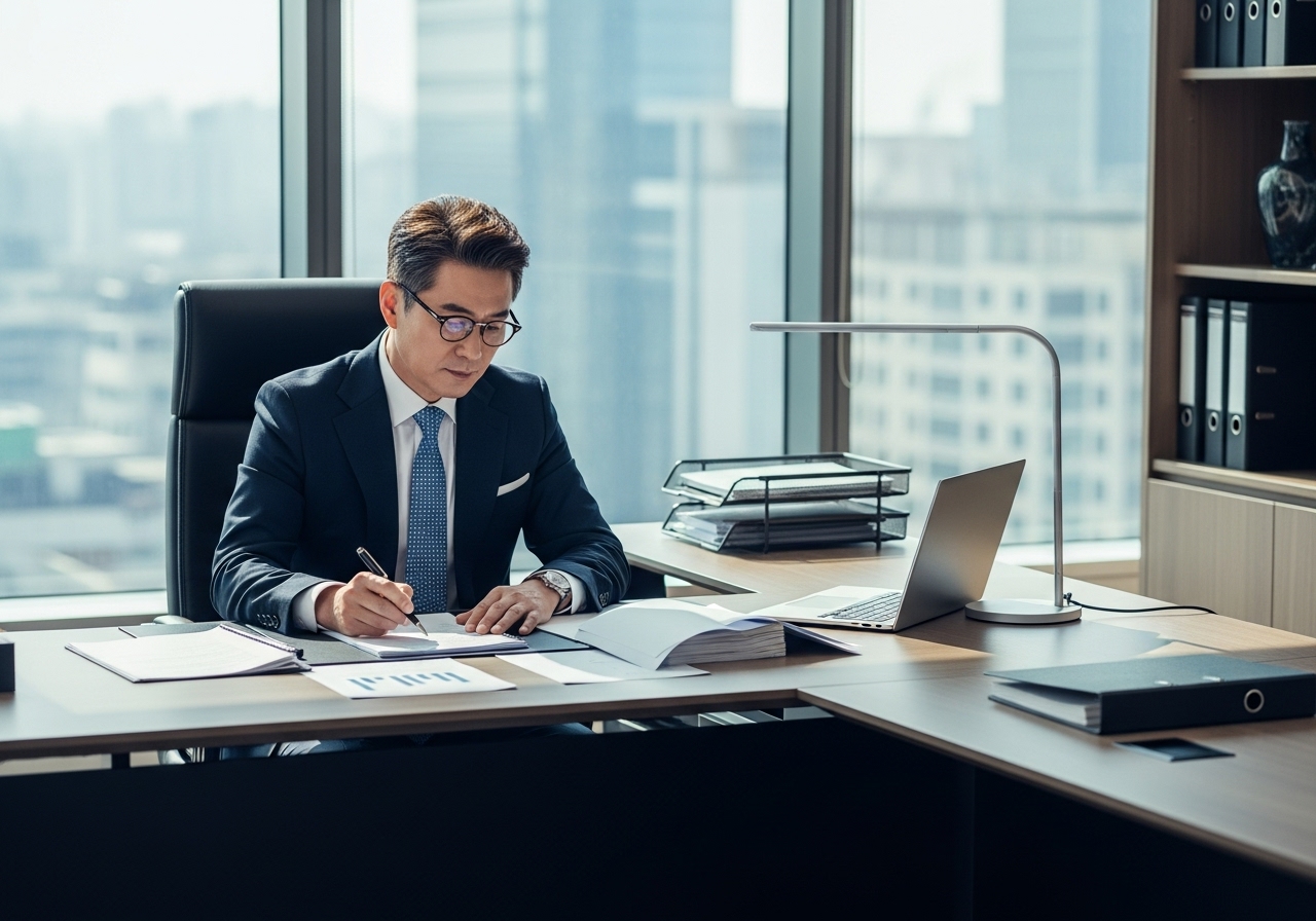 50대 한국 남성, 문서 검토 장면