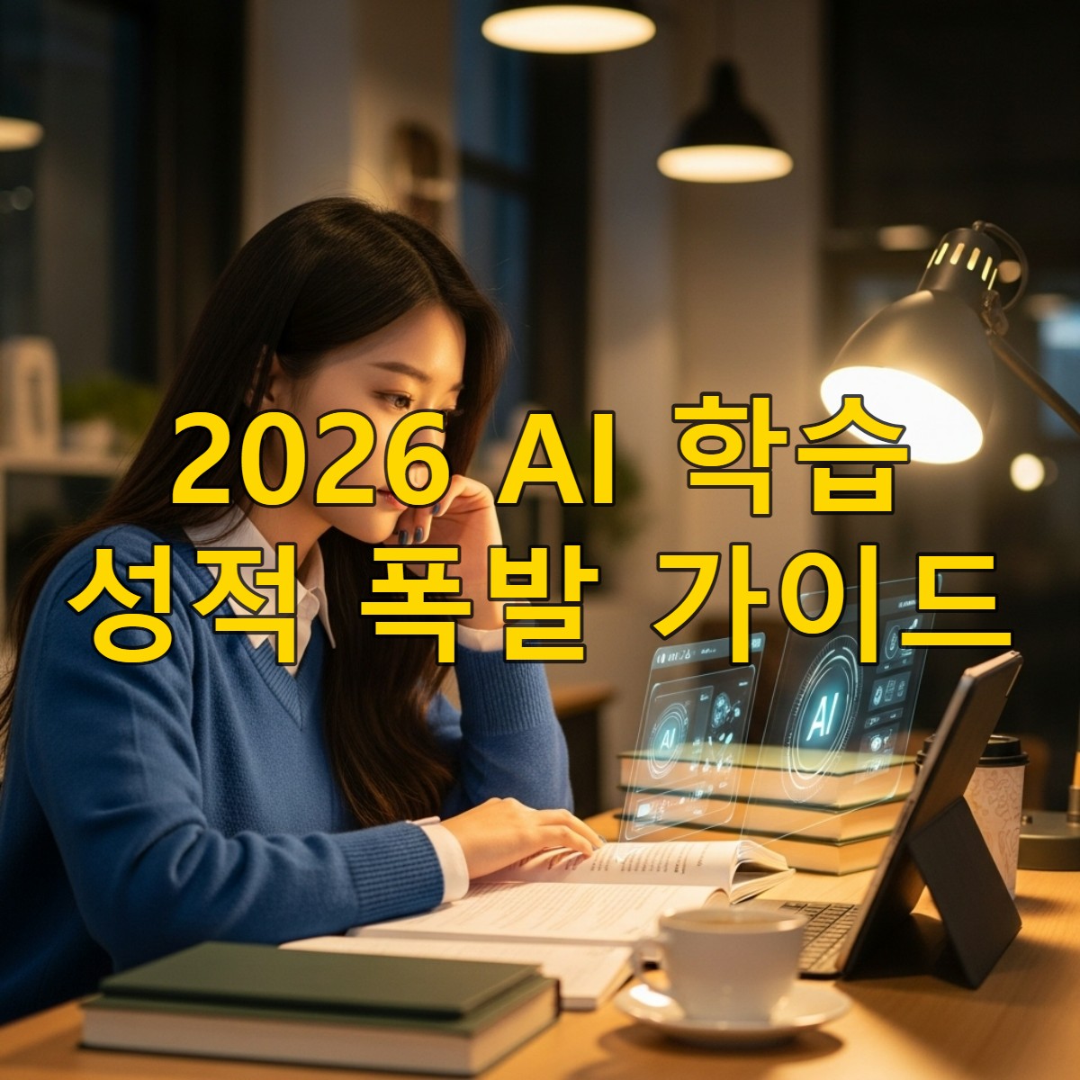 현대적인 한국 카페에서 AI 학습 도구를 활용하여 집중해서 공부하는 한국인 여대생의 모습