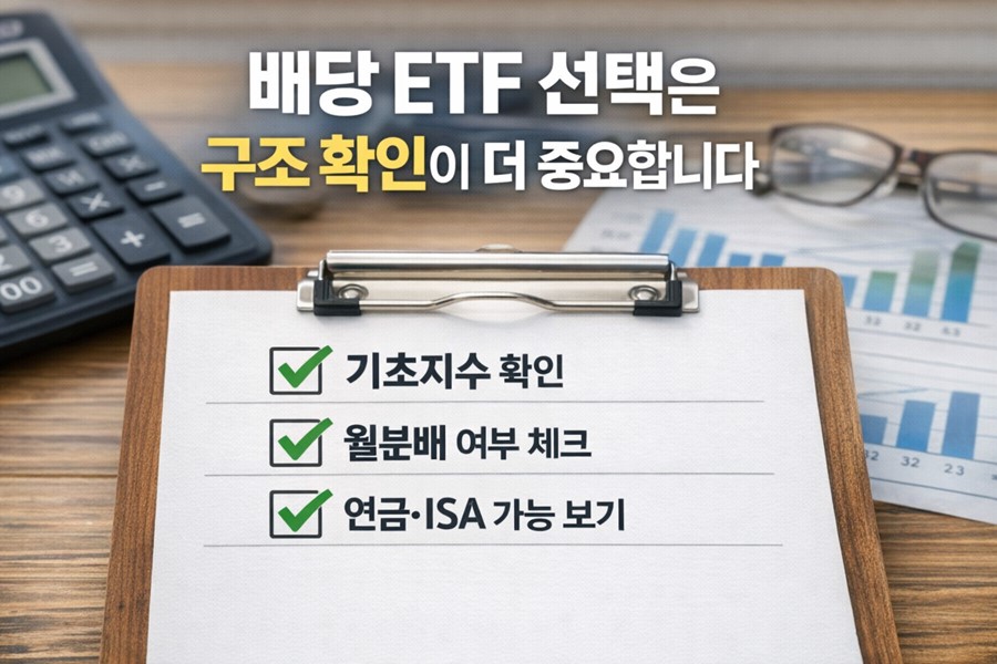 배당 ETF를 고를 때 기초지수와 월분배 여부, 커버드콜 구조, 연금과 ISA 활용 가능 여부를 함께 확인해야 한다는 점을 보여주는 체크리스트 이미지