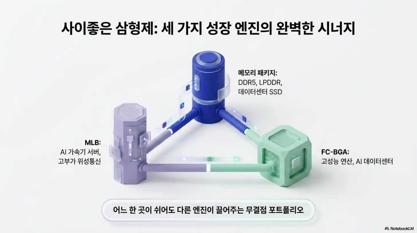 대덕전자 주가 전망: 대덕전자의 세 가지 성장 엔진인 메모리 패키지&amp;#44; FC-BGA&amp;#44; MLB가 서로 연결된 무결점 포트폴리오를 삼각 구조로 보여주는 이미지. 어느 한 곳이 쉬어도 다른 기판이 끌어주는 종합 기판사 구조를 시각적으로 전달하며&amp;#44; 블로그의 대덕전자 사업 구조 주제를 설명함