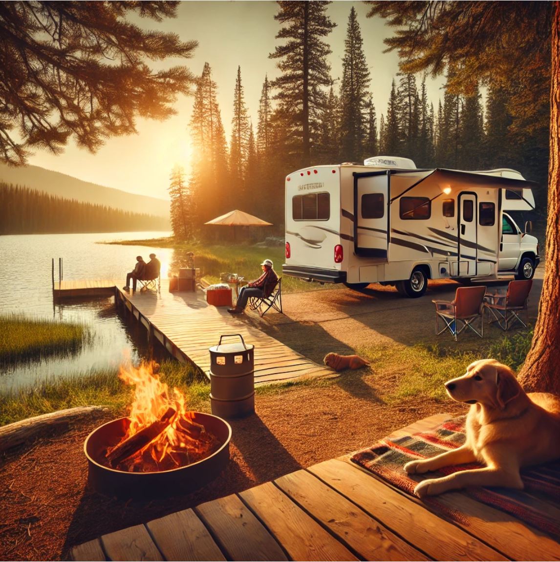 호수가에서 캠핑카여행을 하고 있는 모습이 담긴 사진