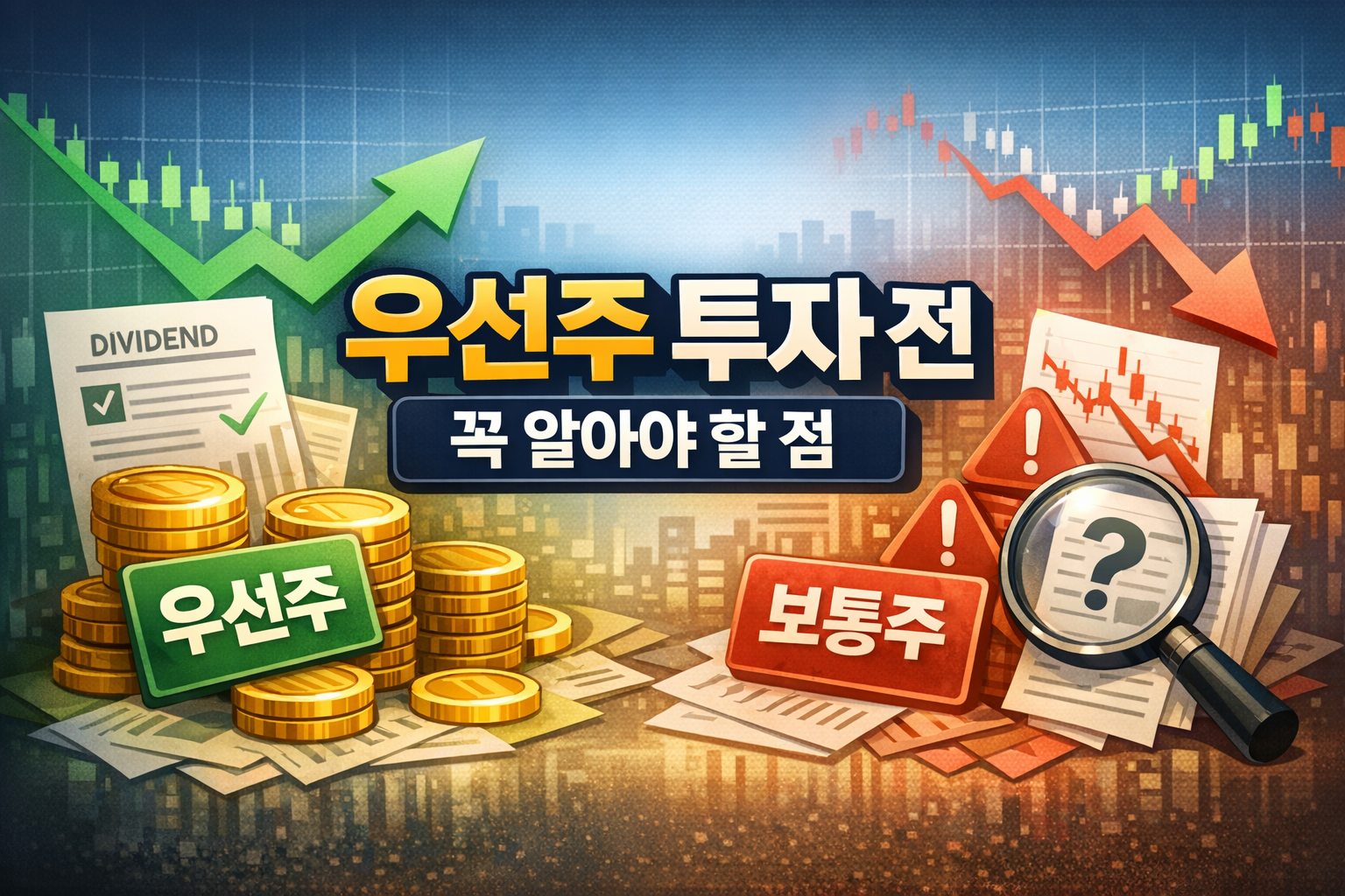 우선주와 보통주를 비교한 투자 정보 썸네일 이미지. 왼쪽은 배당과 우선주를 상징하는 동전과 상승 화살표, 오른쪽은 보통주와 리스크를 상징하는 경고 표시와 하락 화살표가 배치돼 있다.