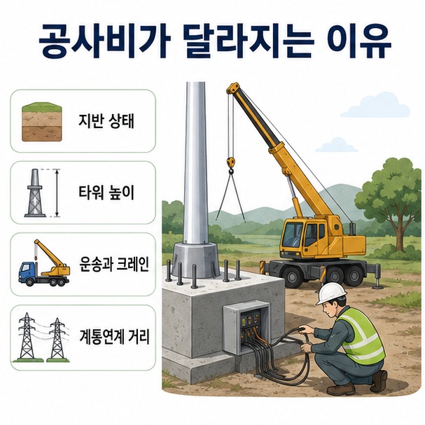 지반 상태와 타워 높이, 운송과 크레인 작업, 계통연계 거리 등에 따라 소형풍력의 실제 공사비가 달라지는 모습을 표현한 이미지
