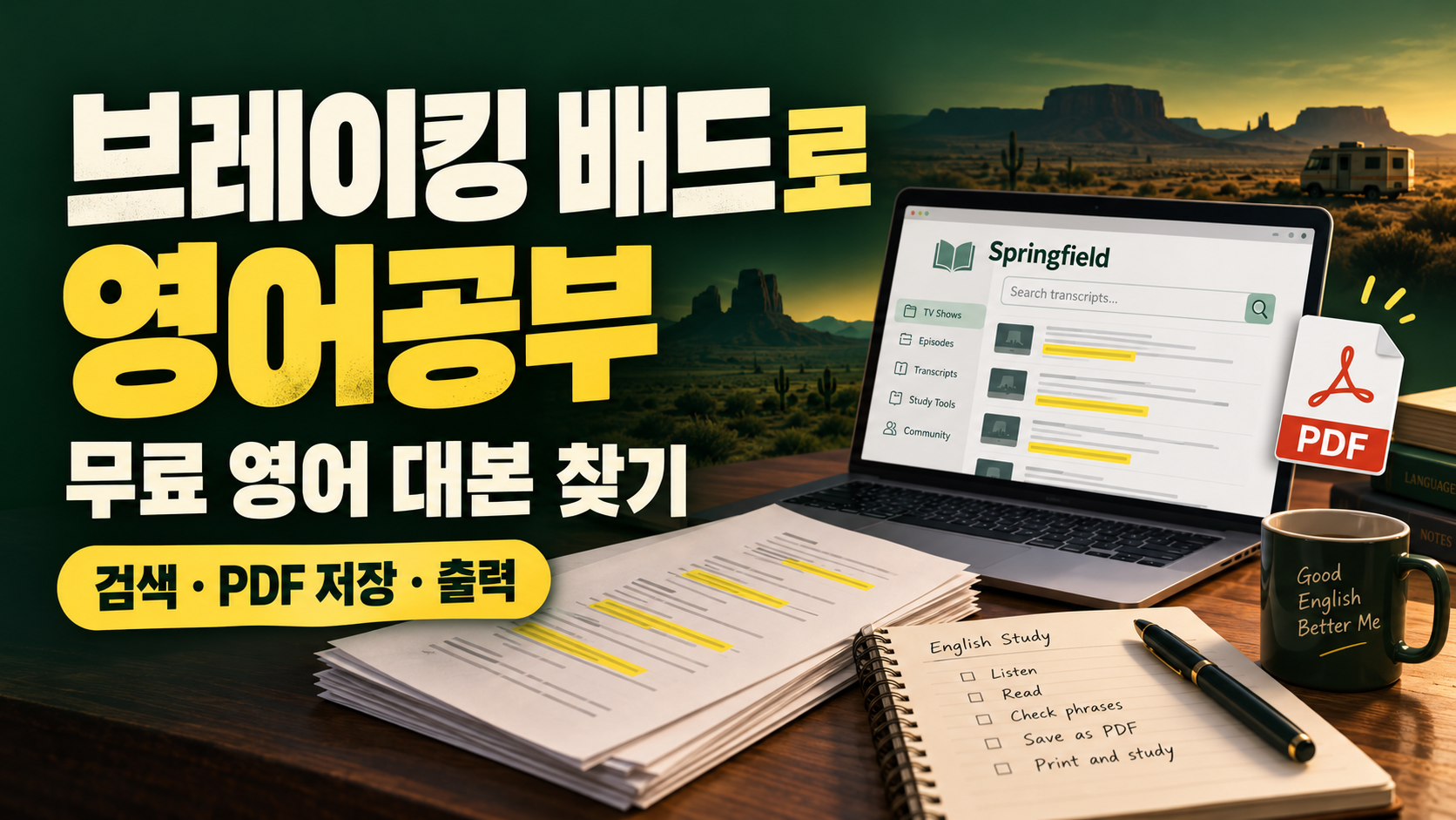 브레이킹 배드로 영어공부하기 위한 무료 영어 대본 검색과 PDF 저장&middot;출력을 소개하는 썸네일
