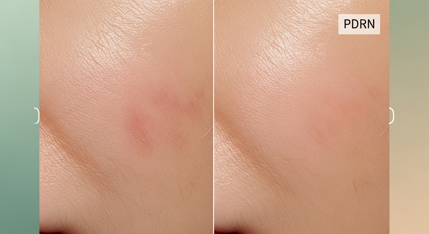 손상된 피부와 PDRN 적용 후 개선된 피부를 비교하는 이미지. 피부 재생 효과를 보여줍니다