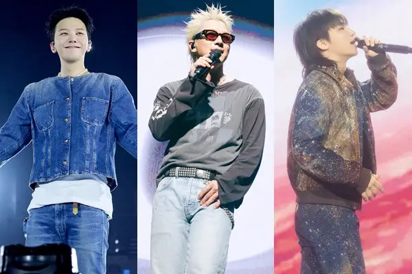 무대 위에서 각자 공연 중인 빅뱅 멤버 지드래곤, 태양, 대성의 3분할 사진, 데뷔 20주년을 맞은 빅뱅 멤버들과 탑의 엇갈린 음악적 행보