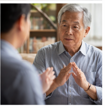 불편한 상대와 대화 중 분노의 감정을 10초간 멈추고 마음을 조절하면서 차분히 대화하는 시니어