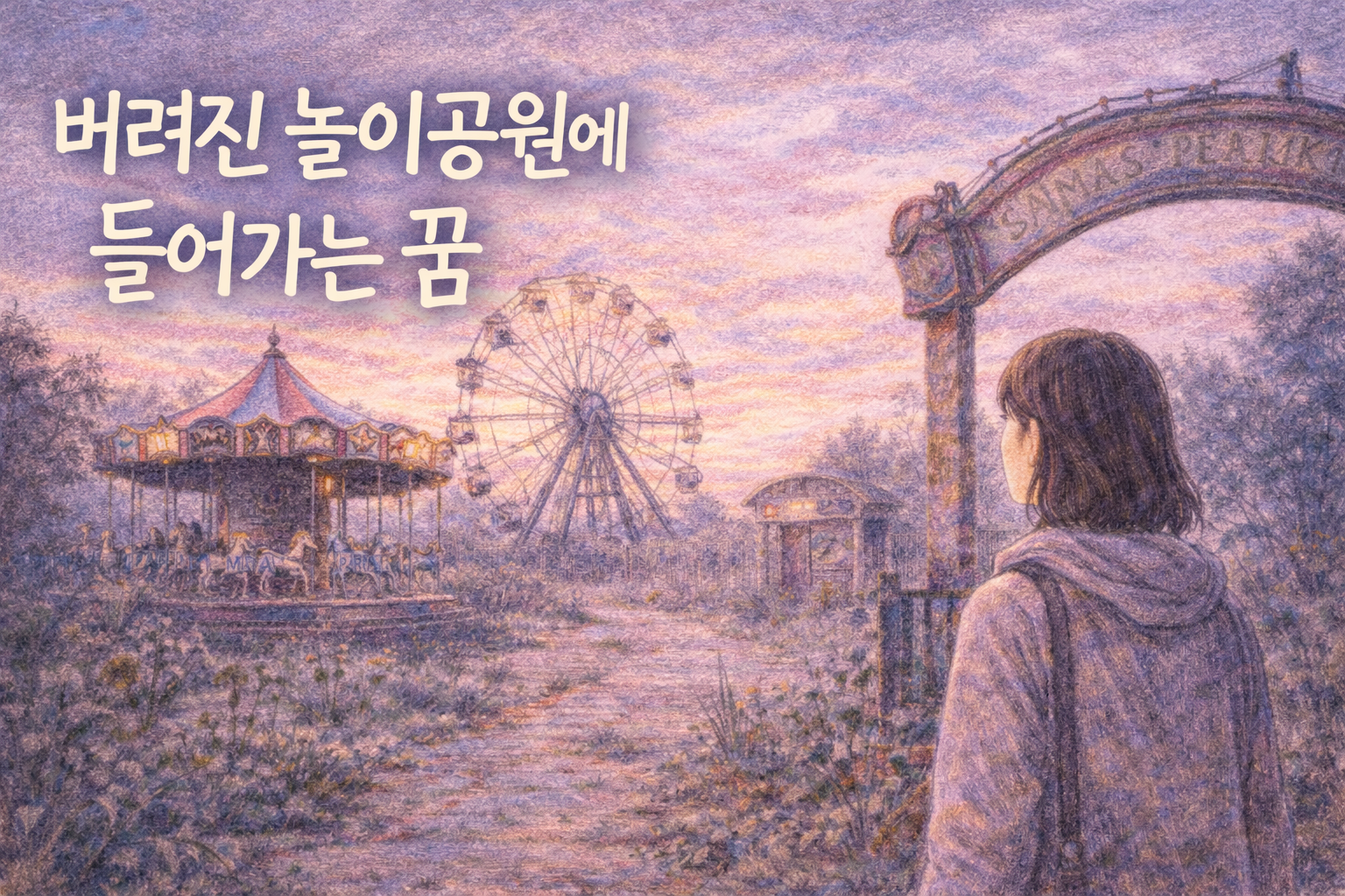 해질 무렵 버려진 놀이공원 입구에서 관람차와 회전목마를 바라보는 여성의 색연필 스타일 일러스트